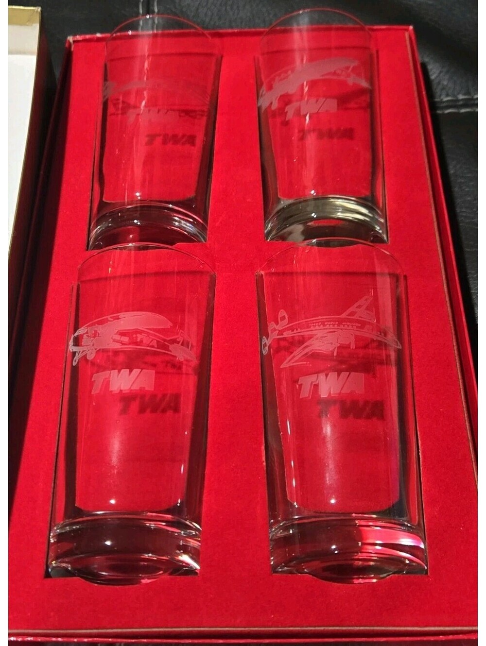 Vintage Trans World Airlines TWA Etched Glasses Highball Glass Set Of 4 Boxed ++